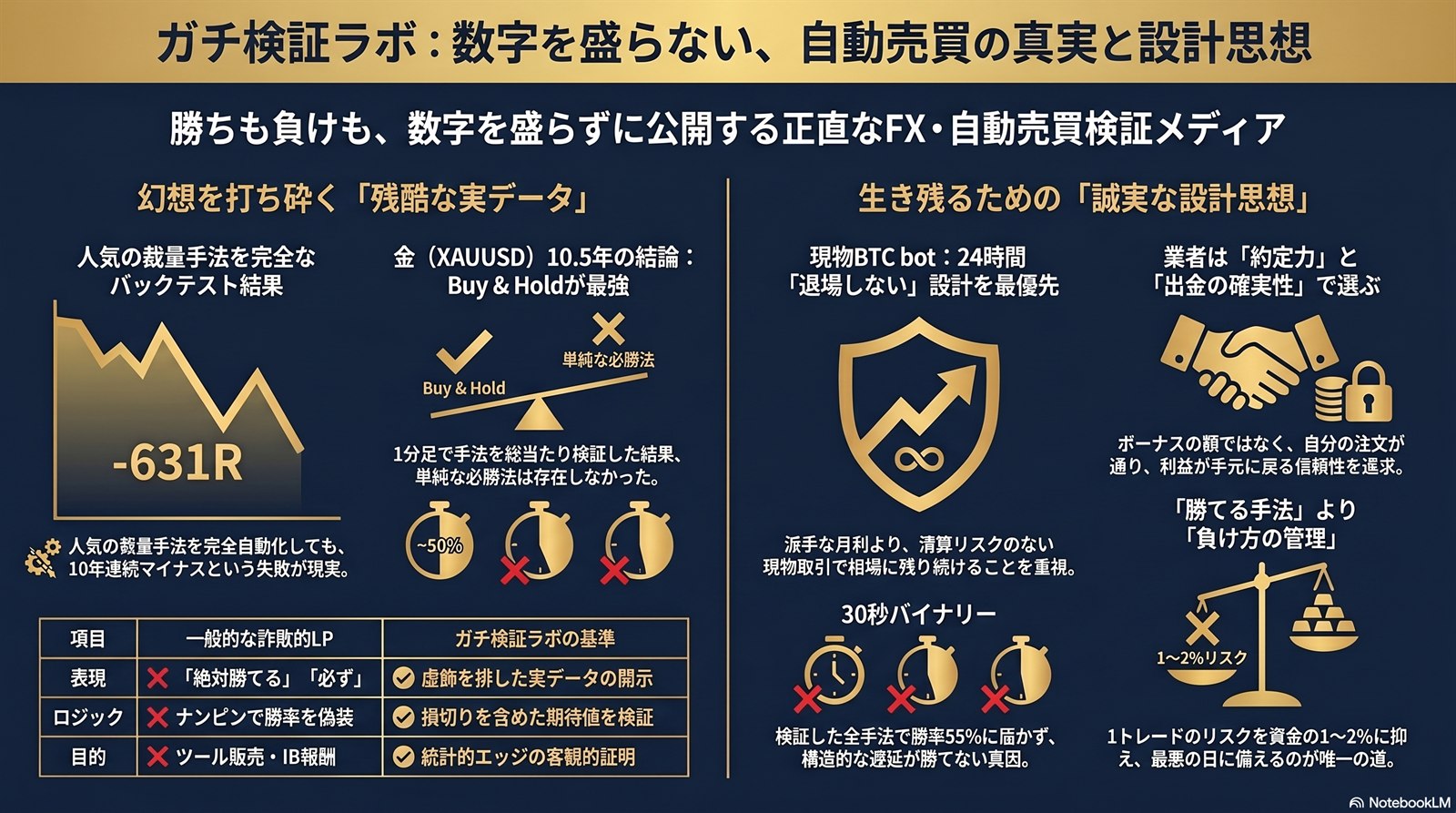 ガチ検証ラボ：自作EA-631R・金10.5年Buy&Hold最強・現物BTC bot24時間稼働など、正直な検証データの要約インフォグラフィック